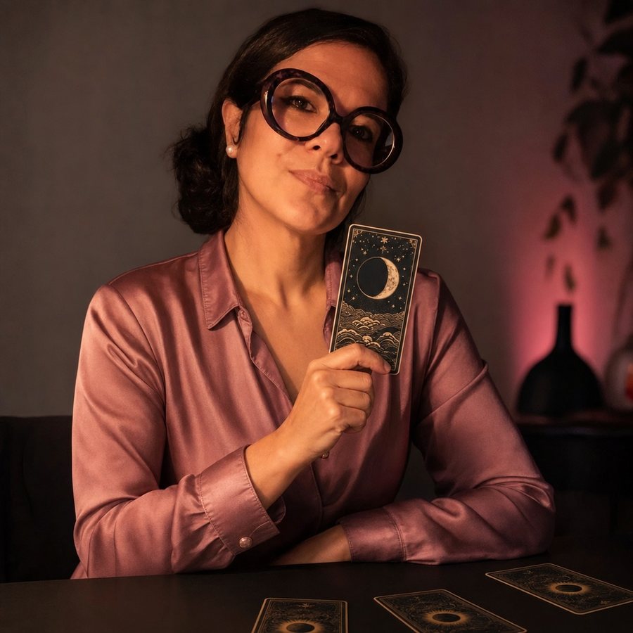 Benedita con una carta de tarot en la mano